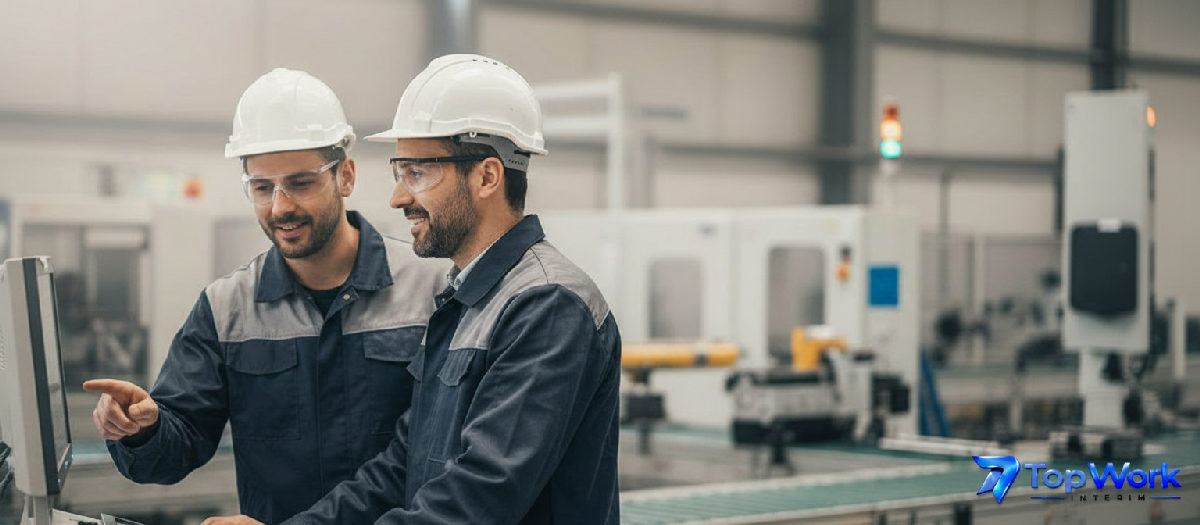 Technicien roumain et chef d'équipe français collaborant.