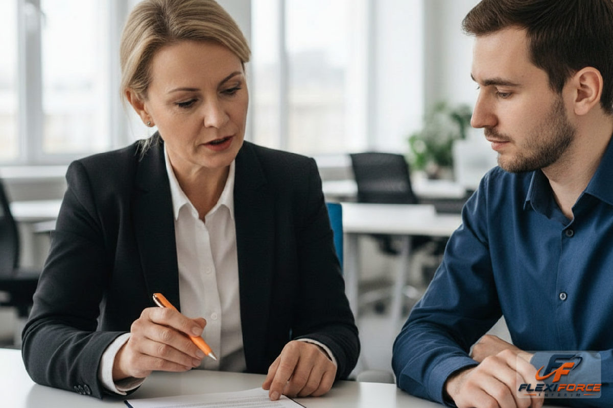 DRH expliquant un contrat local, montrant la paperasse administrative.