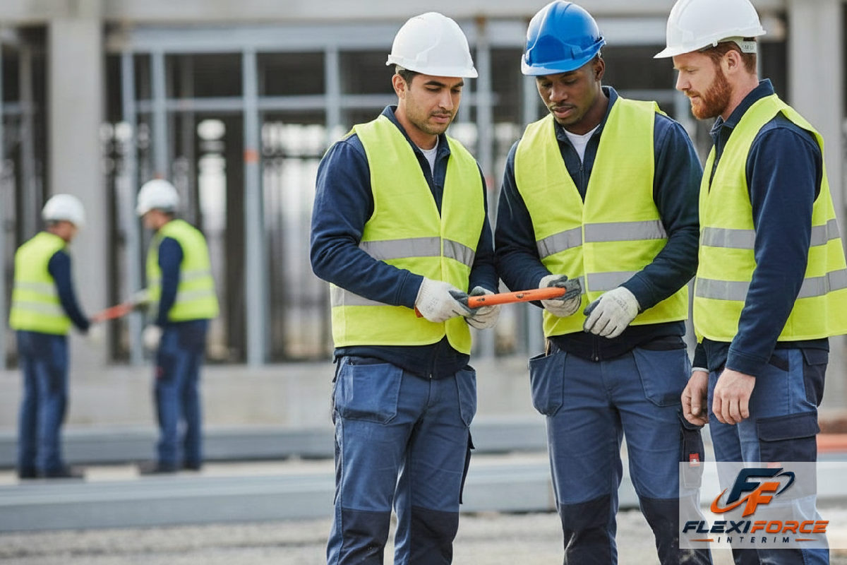 Ouvriers européens de différentes nationalités travaillant ensemble sur un chantier.
