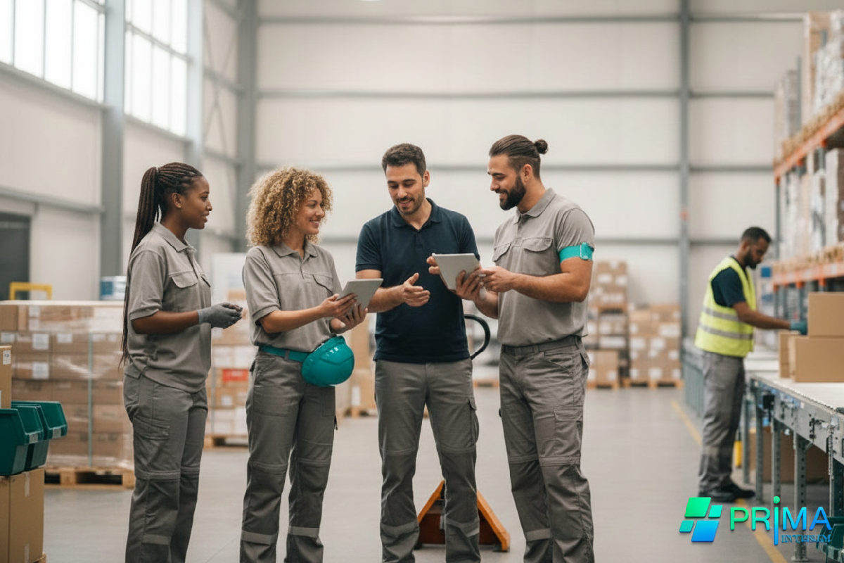 Équipe multiculturelle en logistique, intégration réussie de travailleurs.