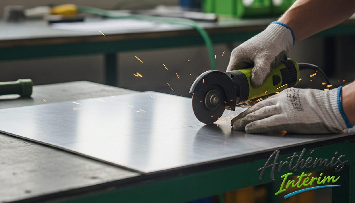 Mains d'un technicien coupant une plaque de protection thermique.