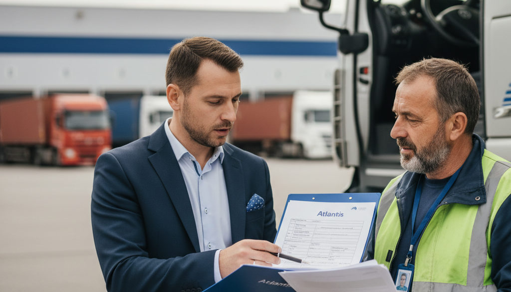 Consultant vérifiant les documents d'un chauffeur routier roumain.