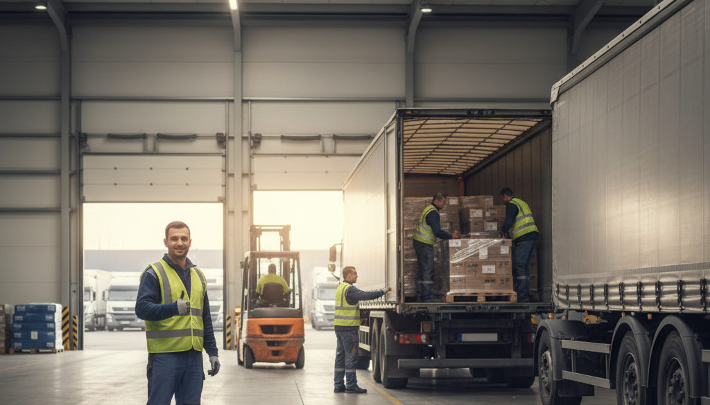 Chauffeurs routiers roumains chargeant des marchandises dans un entrepôt.