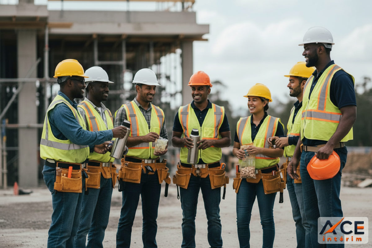 Travailleurs diversifiés partageant une pause conviviale sur un chantier.