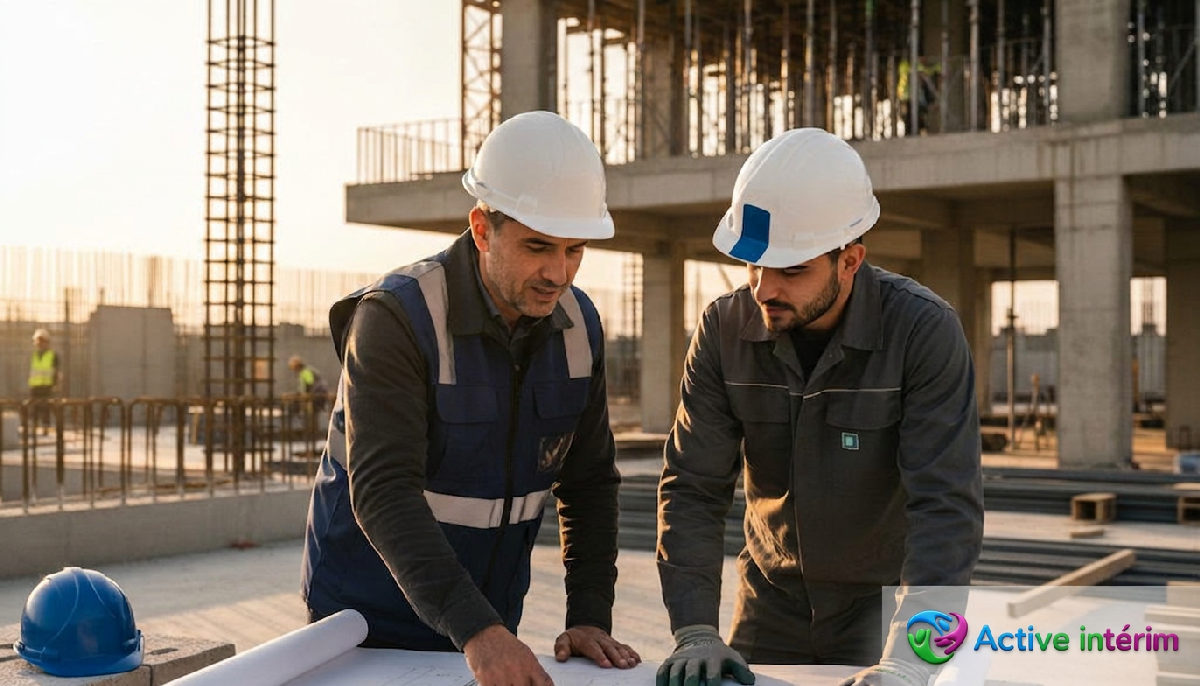 Chef de chantier français et ouvrier roumain discutent plans.