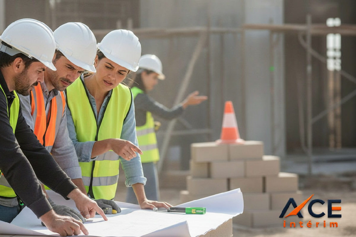 Équipe de maçons discutant d'un plan de construction sur un chantier.