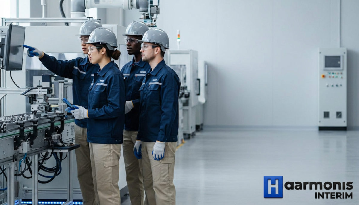 Travailleurs diversifiés collaborant dans un chantier ou une usine moderne.