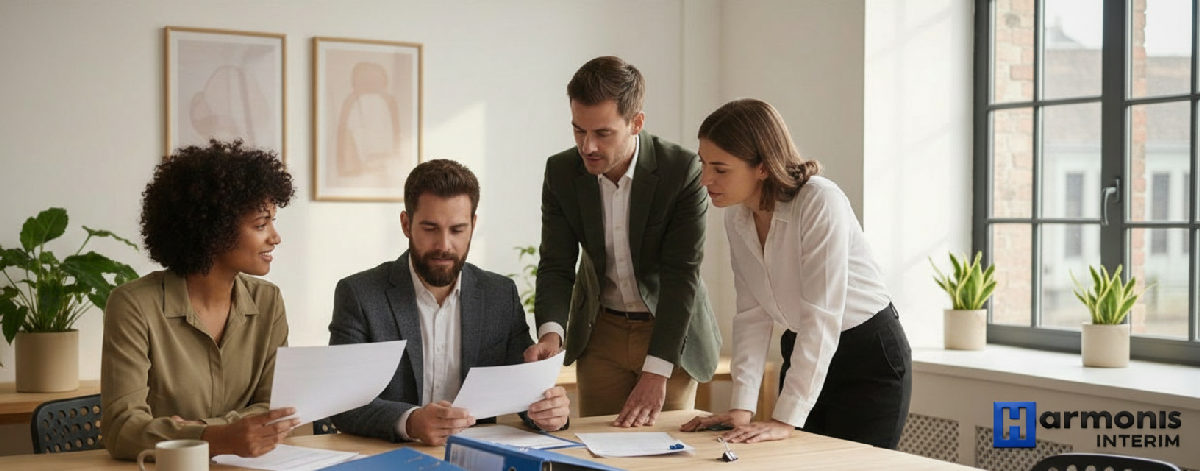 Travailleurs internationaux discutant de contrats de logement dans un bureau.