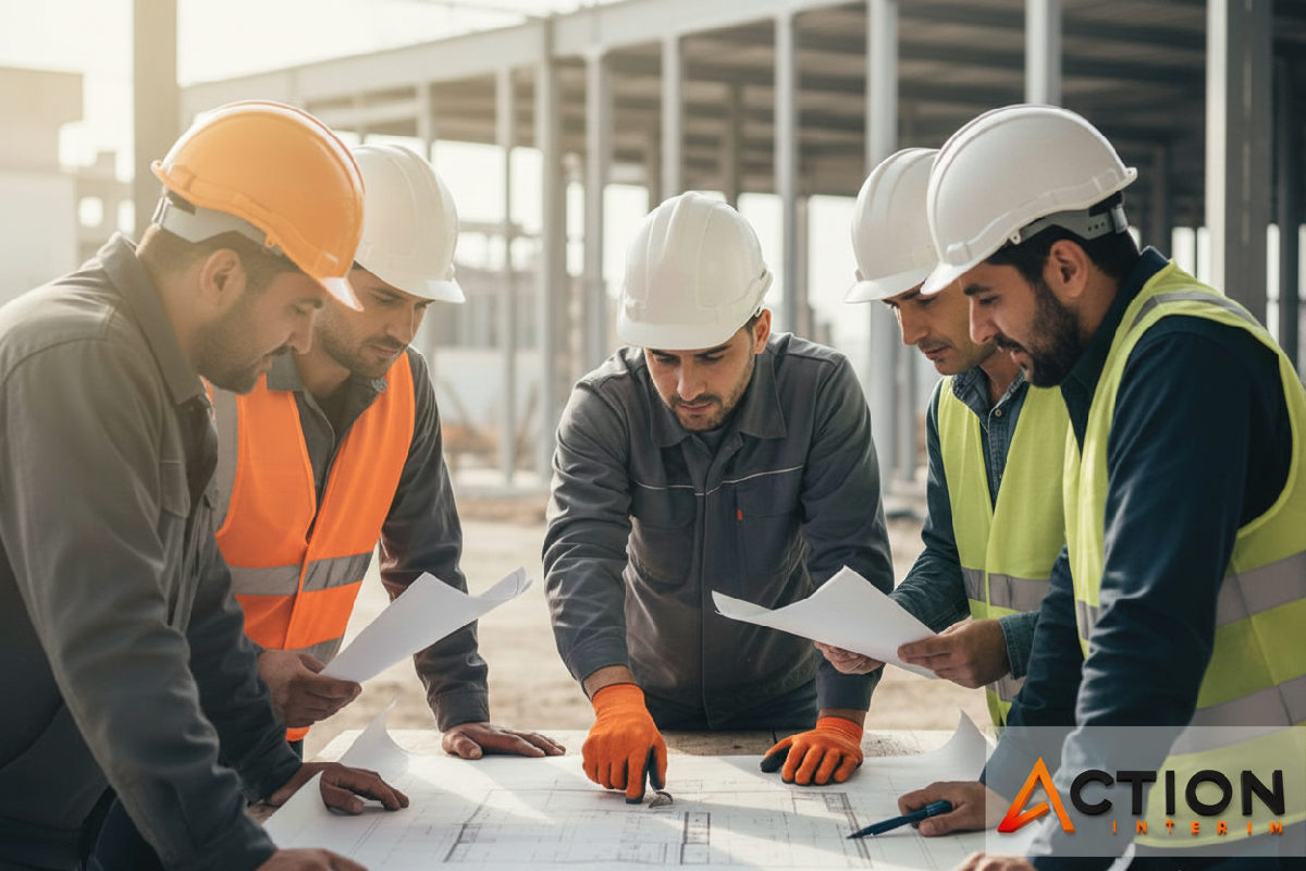 Ouvriers roumains et français collaborant sur un plan de construction.