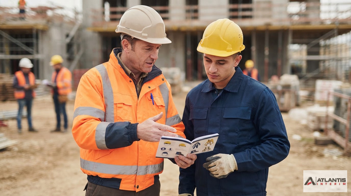 Un chef de chantier explique les consignes de sécurité à un travailleur étranger.
