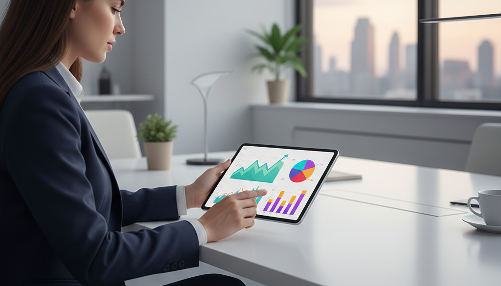 Professional analyzing automated content performance analytics on a tablet.