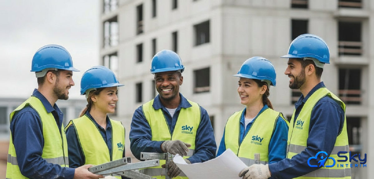 Équipe de construction diversifiée en France avec des travailleurs roumains souriants.