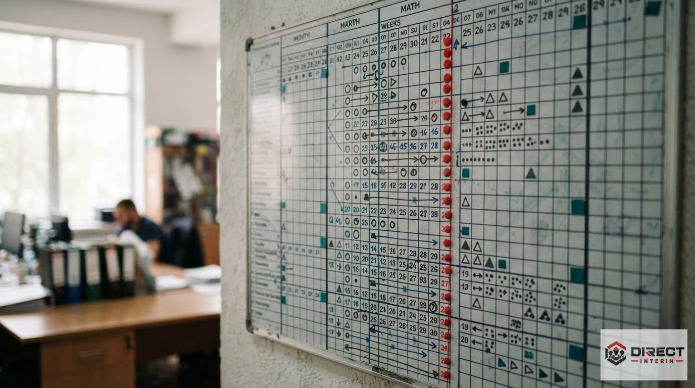 Un calendrier de chantier avec des annotations sur la planification des équipes.