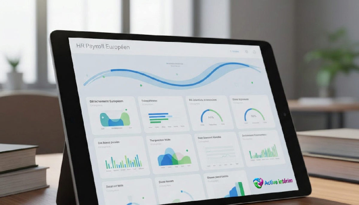 Tablette affichant un logiciel RH de gestion de paie avec indicateurs de conformité.