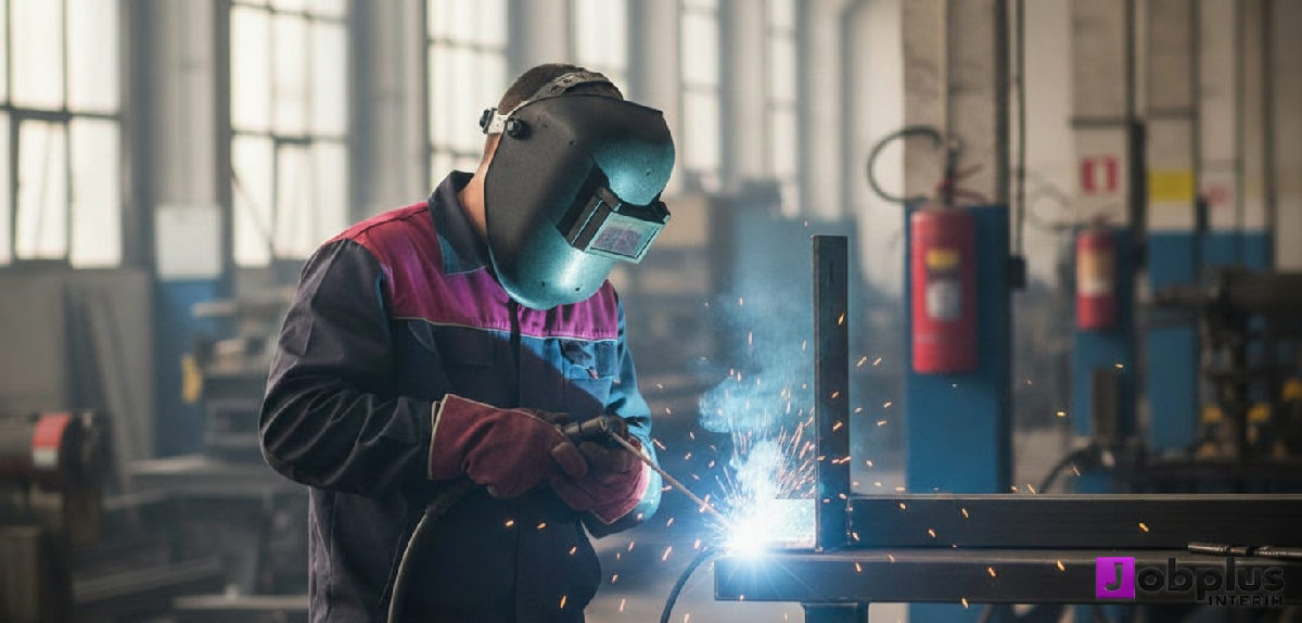 Soudeur qualifié travaillant dans un atelier industriel.