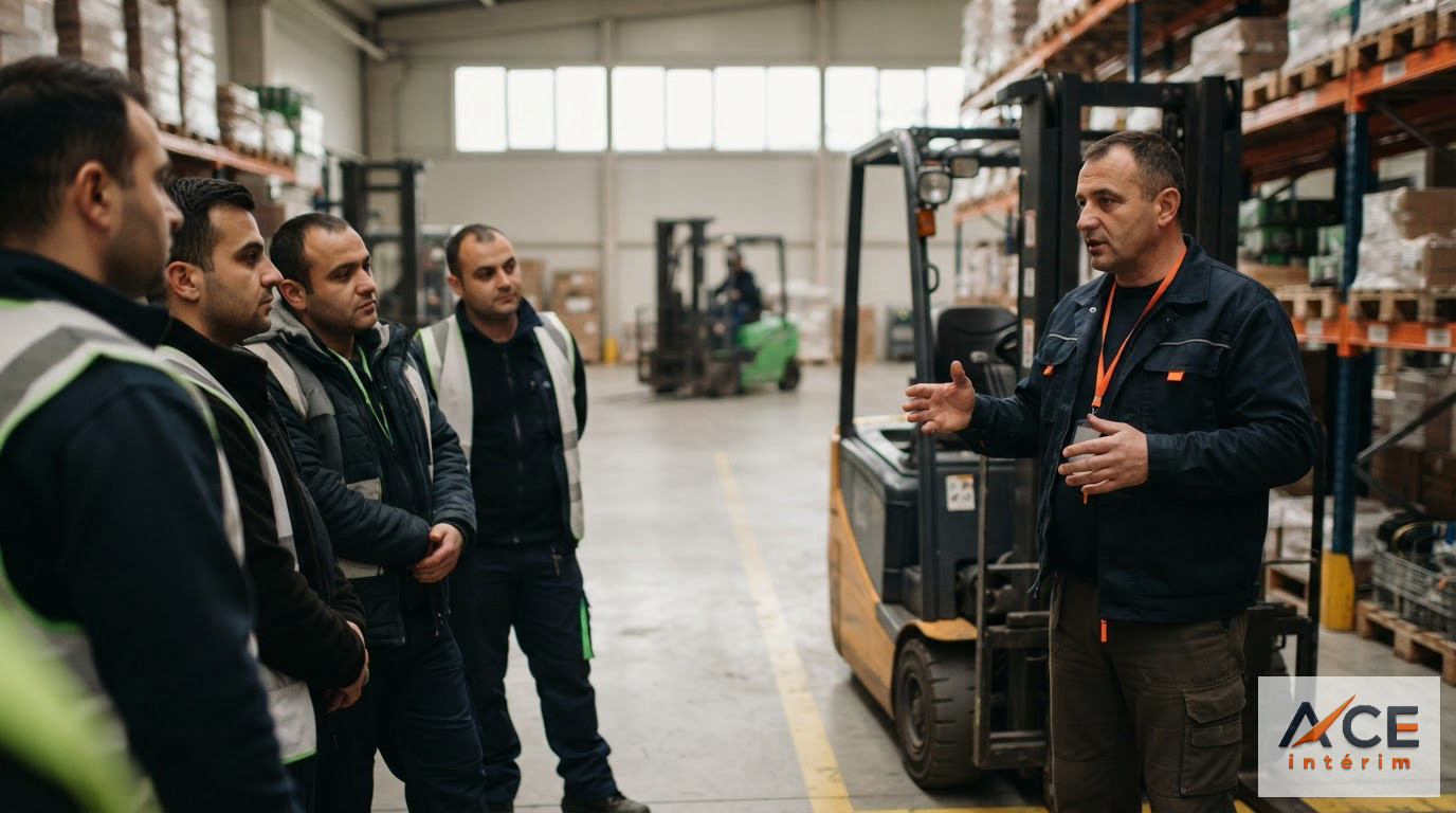 Un formateur expliquant les consignes de sécurité à des travailleurs détachés.