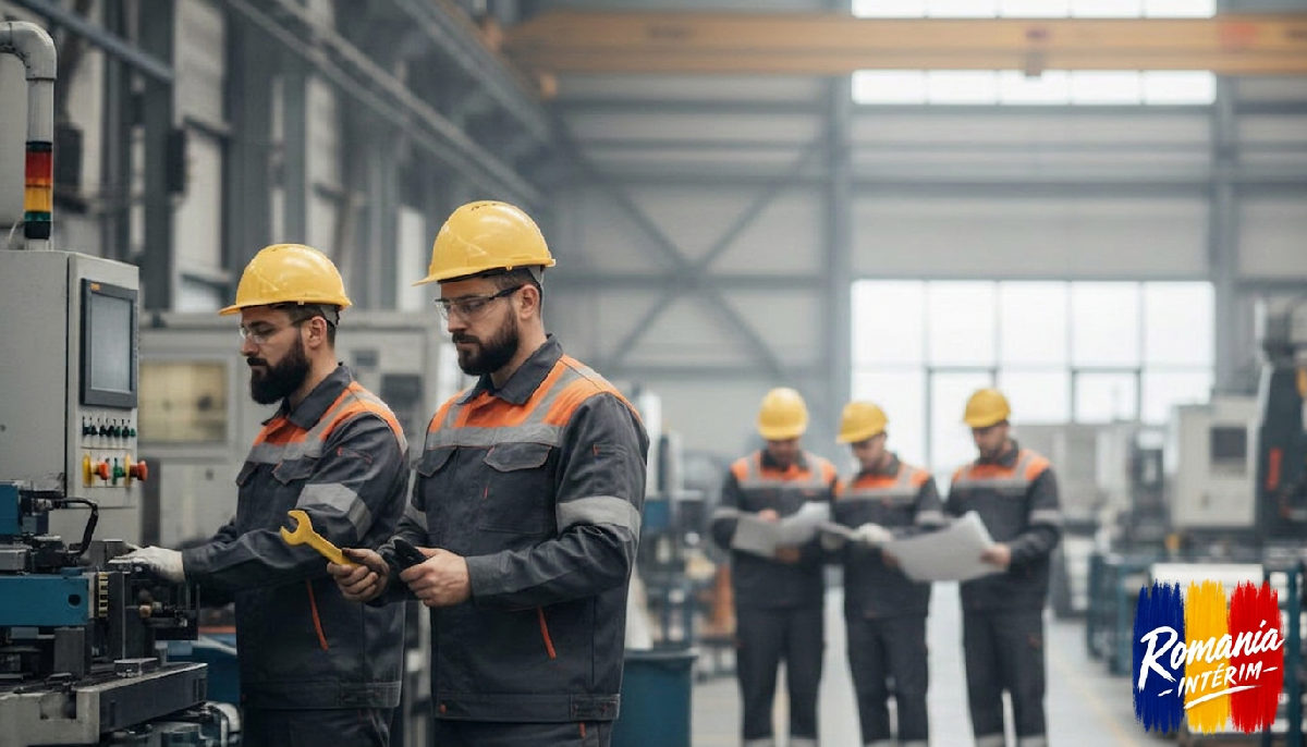 Ouvriers roumains en tenue de sécurité travaillant efficacement.