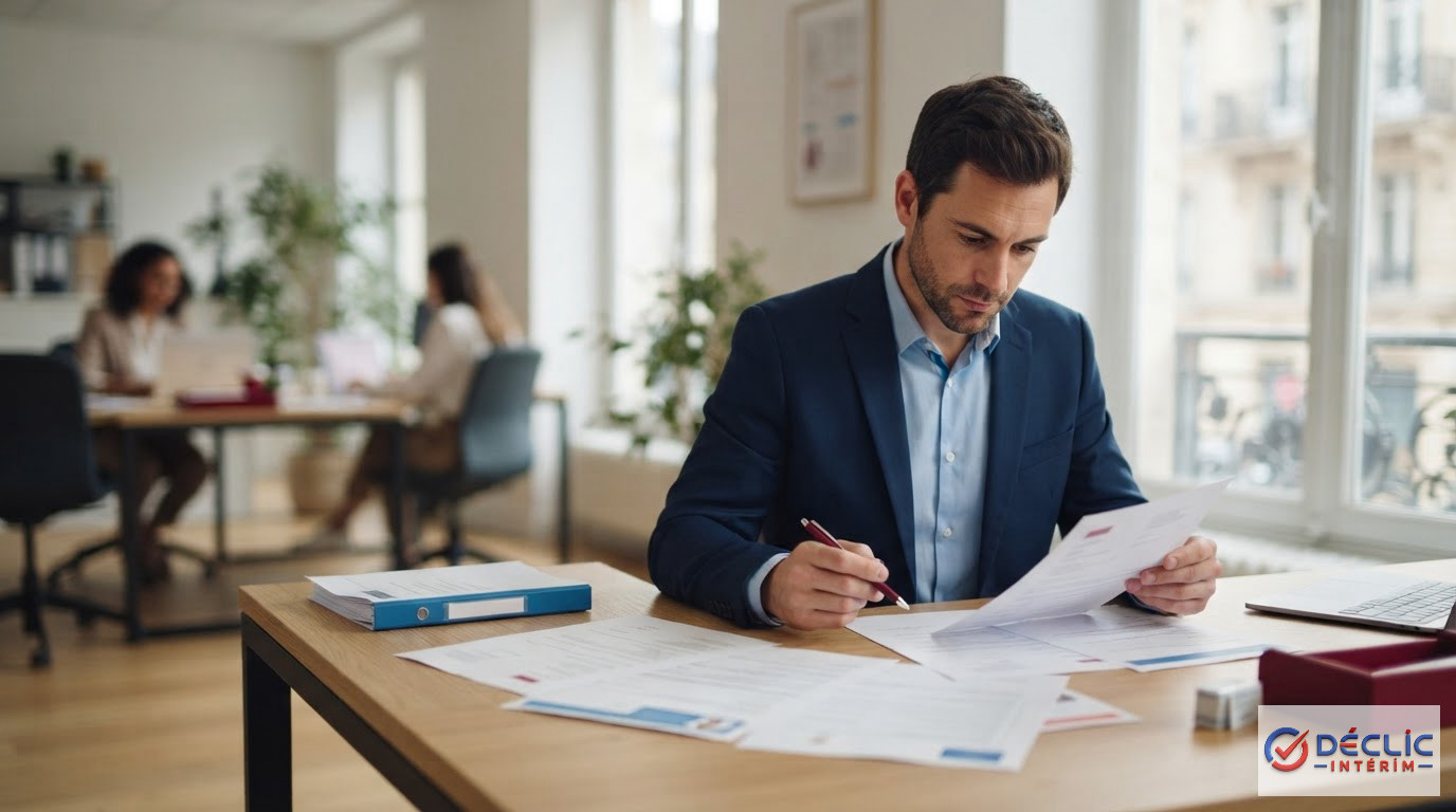 Un consultant vérifiant des dossiers administratifs de travailleurs qualifiés en bâtiment.