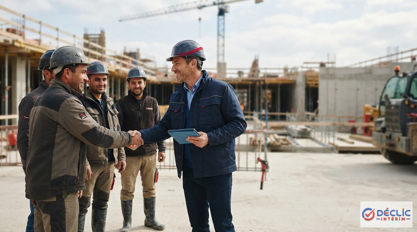 Un chef de chantier accueillant chaleureusement une équipe d'ouvriers roumains qualifiés.