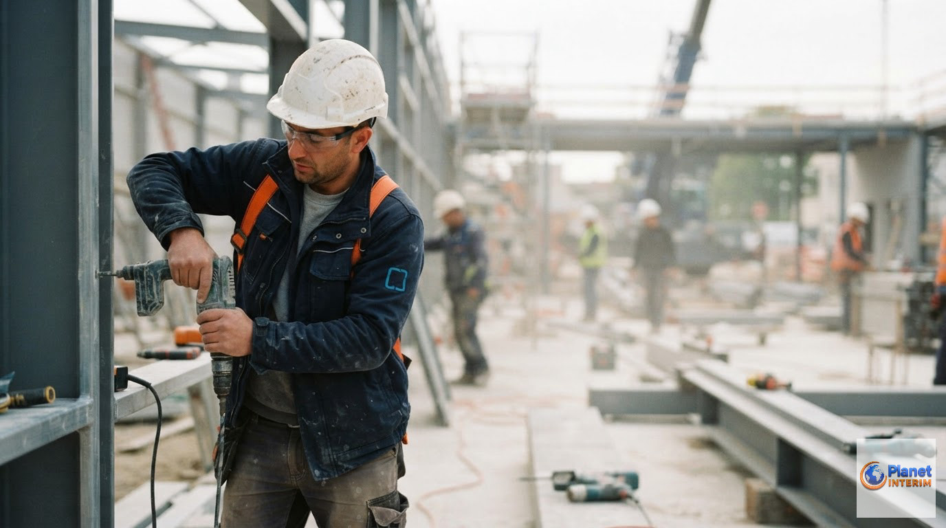 Ouvriers spécialisés travaillant activement sur un chantier de construction moderne.