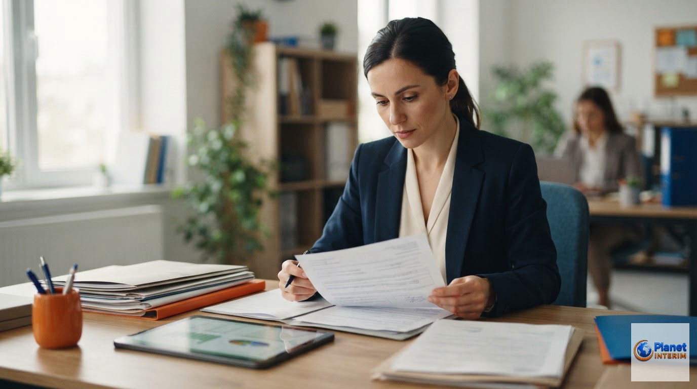 Un agent administratif vérifiant la conformité des documents légaux et formulaires officiels.
