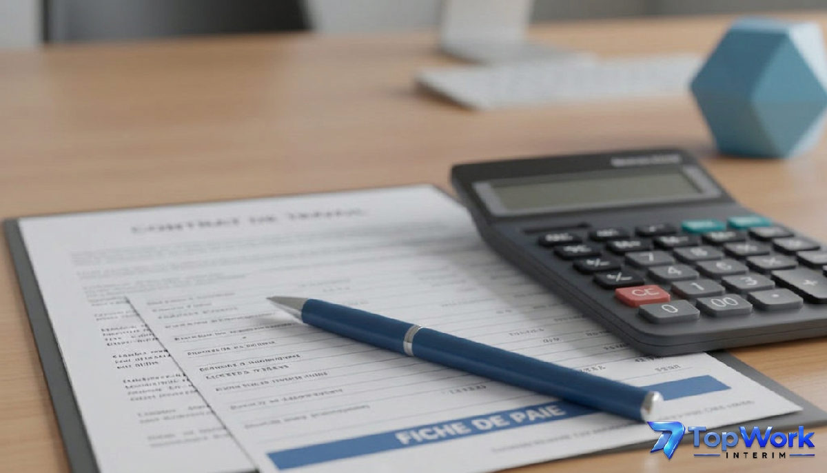 gros plan sur un contrat de travail et une fiche de paie avec une calculatrice, symbolisant la conformité salariale.
