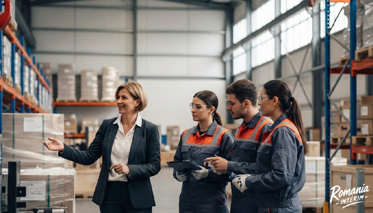 intérim international PME performance - Un dirigeant de PME s'entretient avec des intérimaires qualifiés dans un entrepôt.