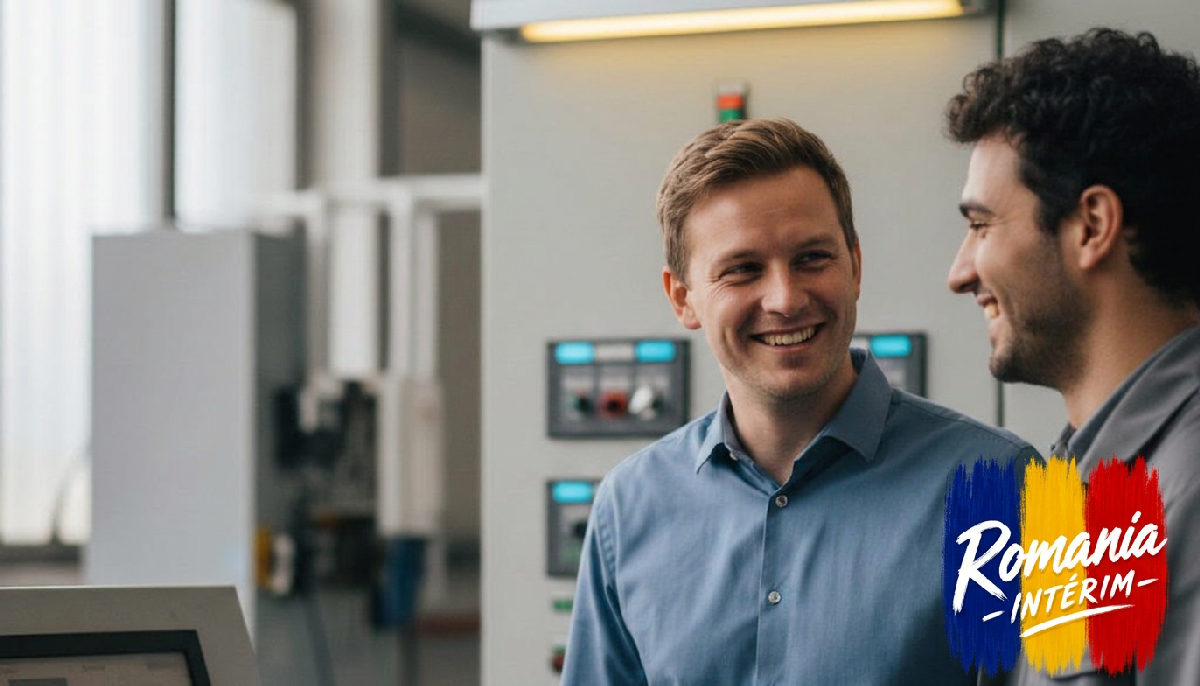 Un employé français et un roumain sourient devant un tableau de bord industriel.