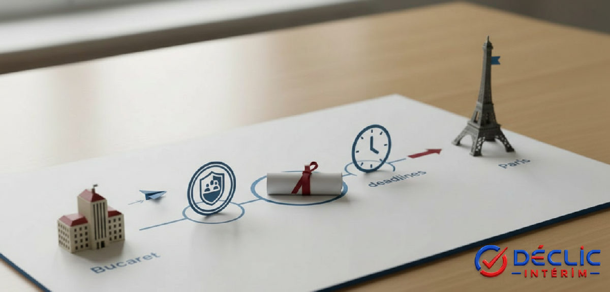 Infographie : étapes du recrutement d'un ouvrier roumain pour la France.