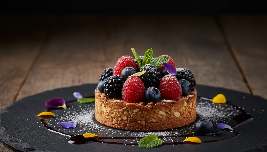 Elegancki fit deser: mini tarta z orzechowym spodem i jagodami na ciemnym tle.