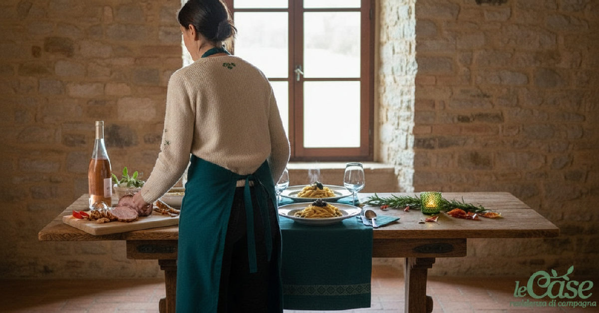 Sala da pranzo in pietra con ros&eacute; e piatti umbri autunnali.