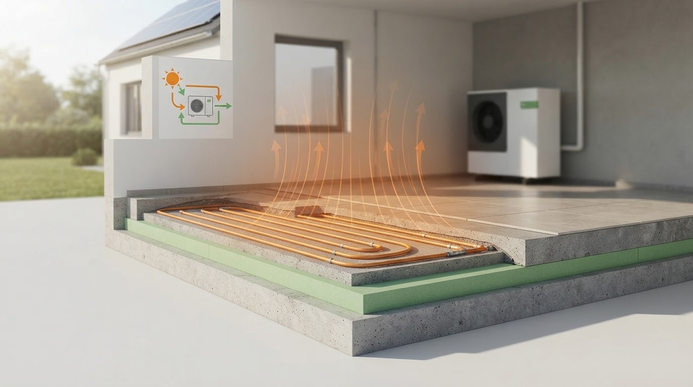 Průřez podlahovým vytápěním akumulujícím solární energii z tepelného čerpadla.