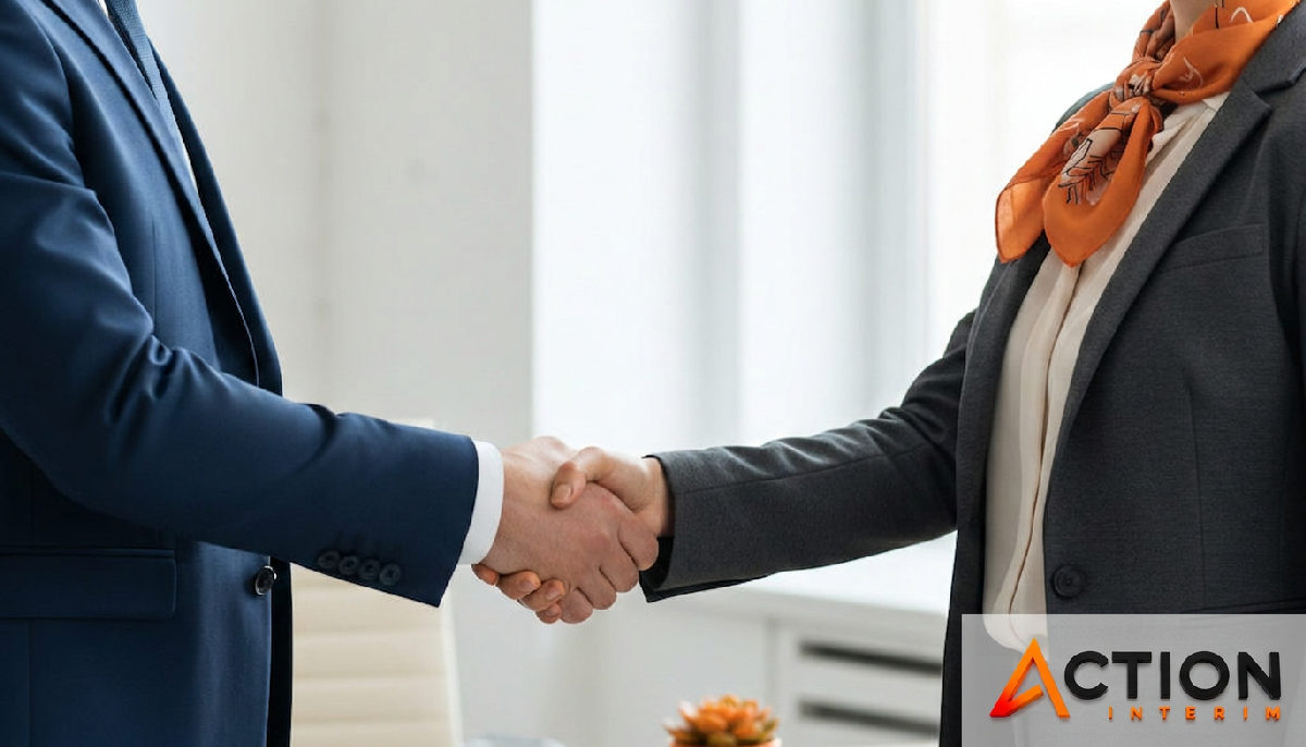 Poignée de main entre homme d'affaires et représentante d'agence de recrutement.