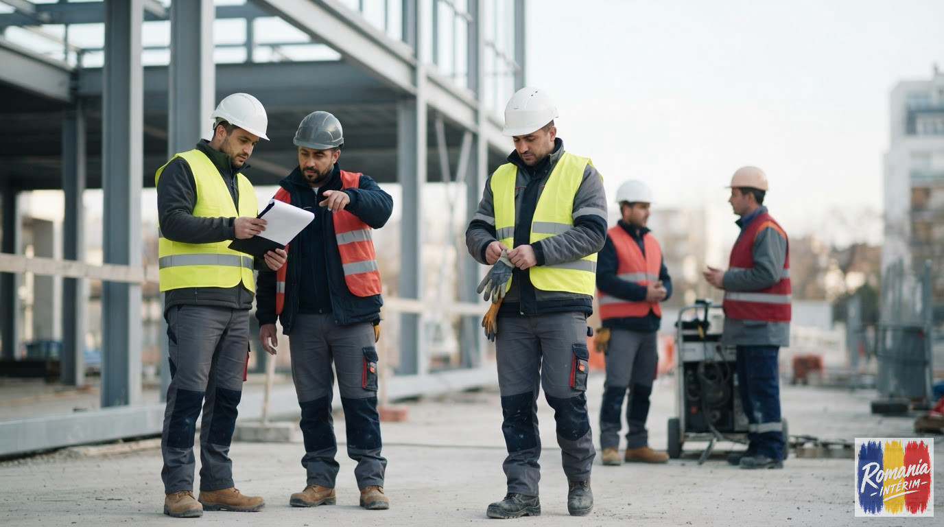 Ouvriers du bâtiment roumains équipés sur un chantier en France.