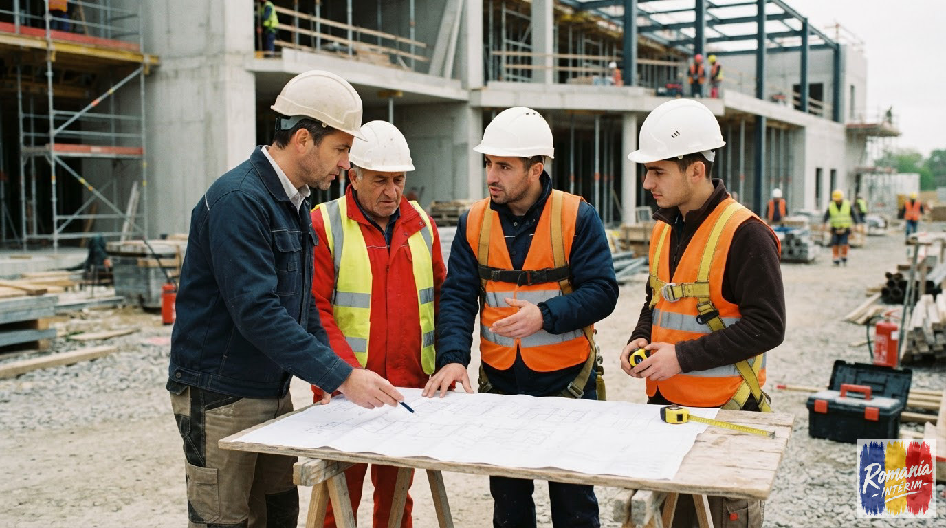 Chef de projet français consultant des plans techniques avec des ouvriers roumains.
