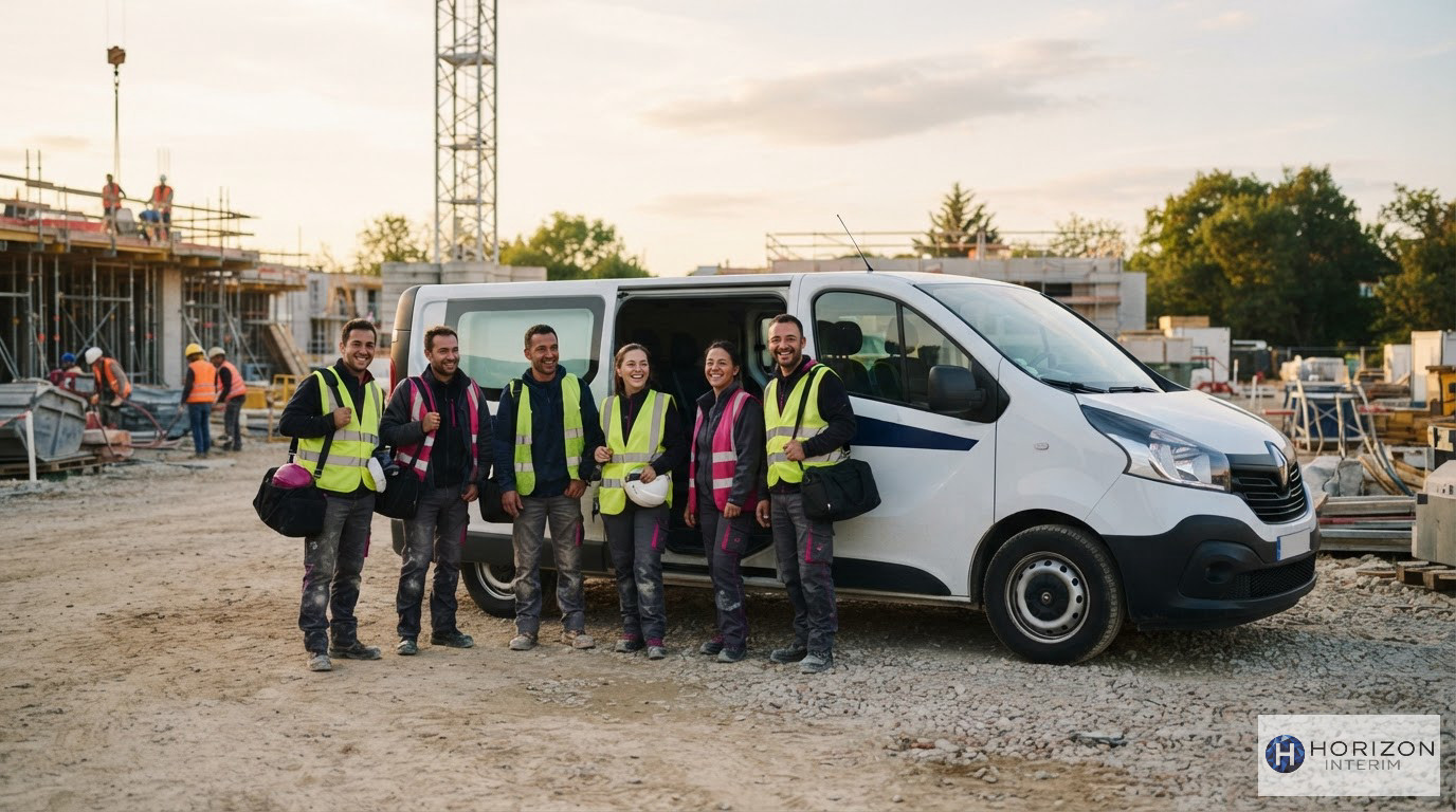 Des ouvriers roumains souriants posent devant leur véhicule à la fin du travail.
