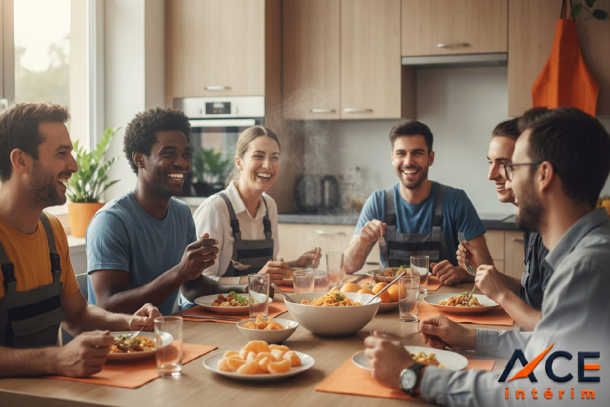 Travailleurs détachés partageant un repas convivial dans leur logement.
