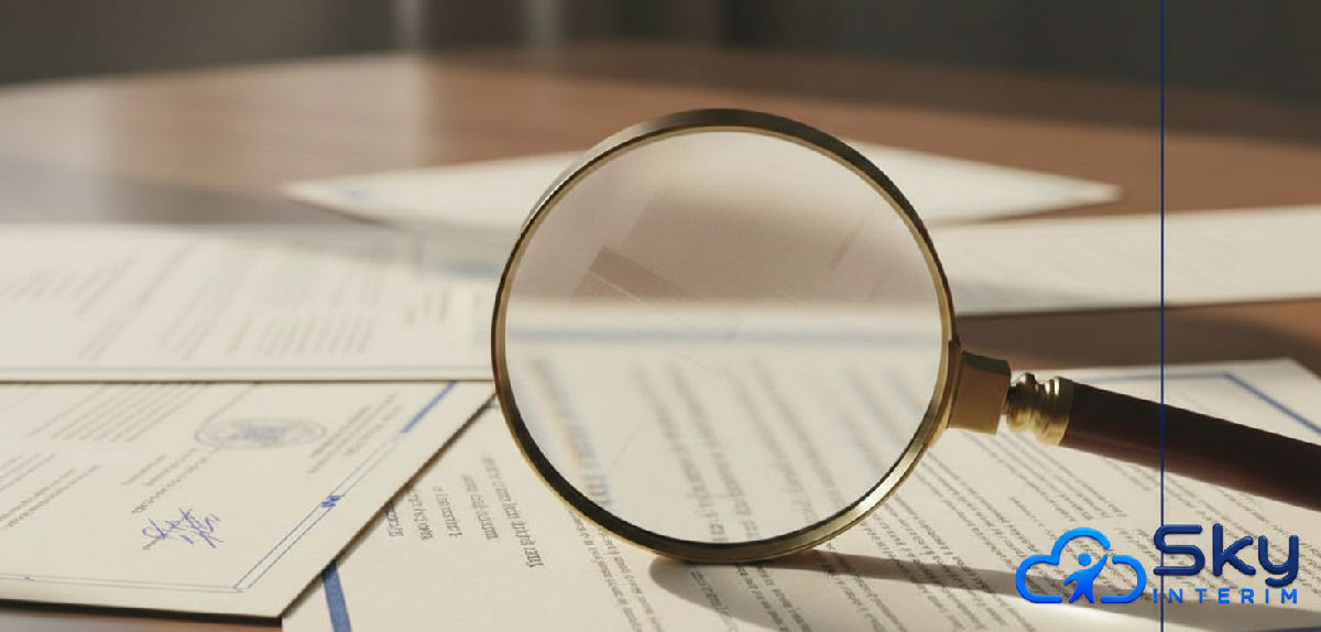 Examen de documents officiels roumains avec une loupe.