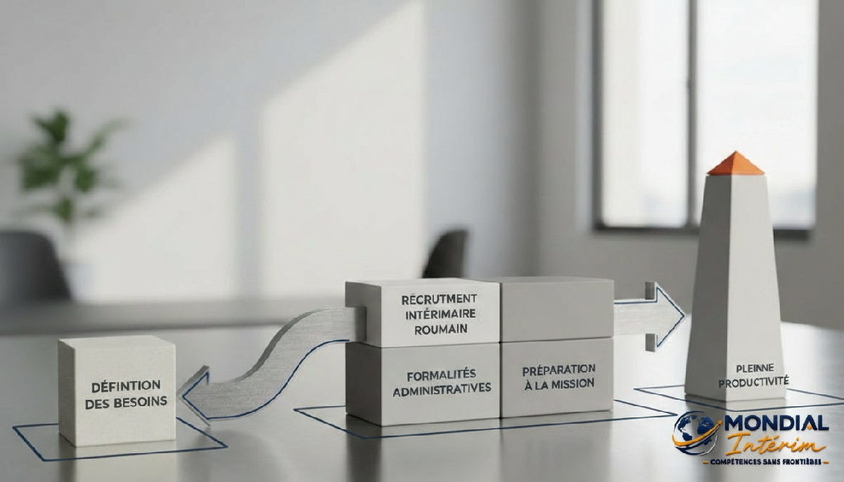 Infographie : Étapes du recrutement et de l'intégration d'intérimaires roumains.