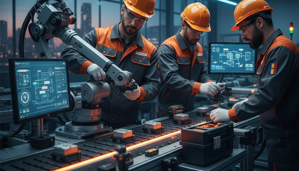 intérim franco-roumain industrie - Techniciens roumains travaillant sur une ligne de production industrielle moderne.