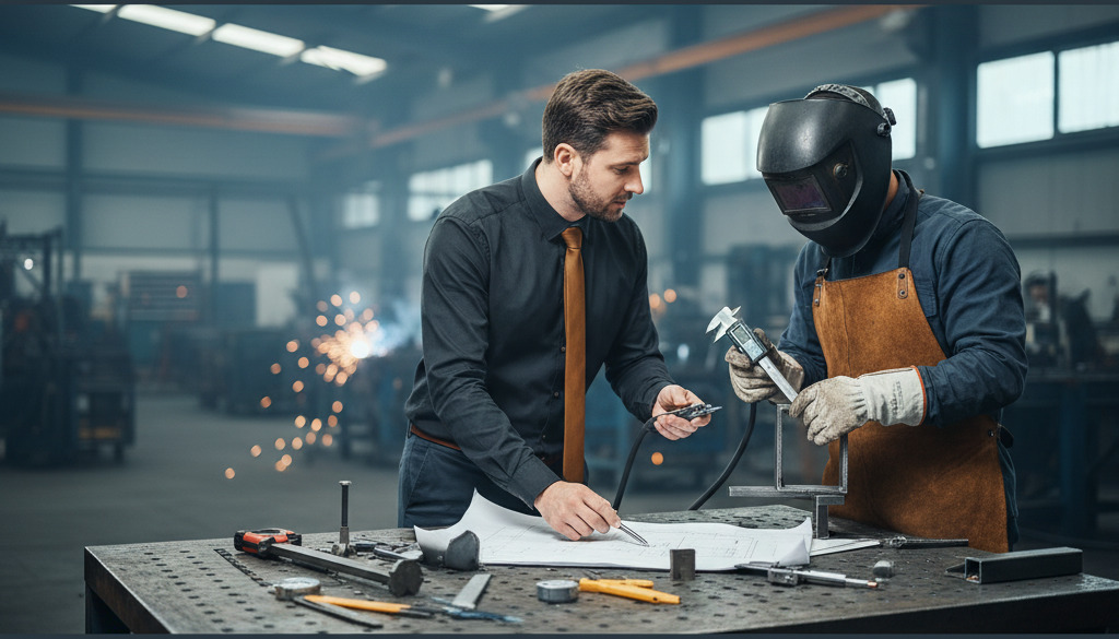 Recruteur évaluant les compétences techniques d'un soudeur roumain.