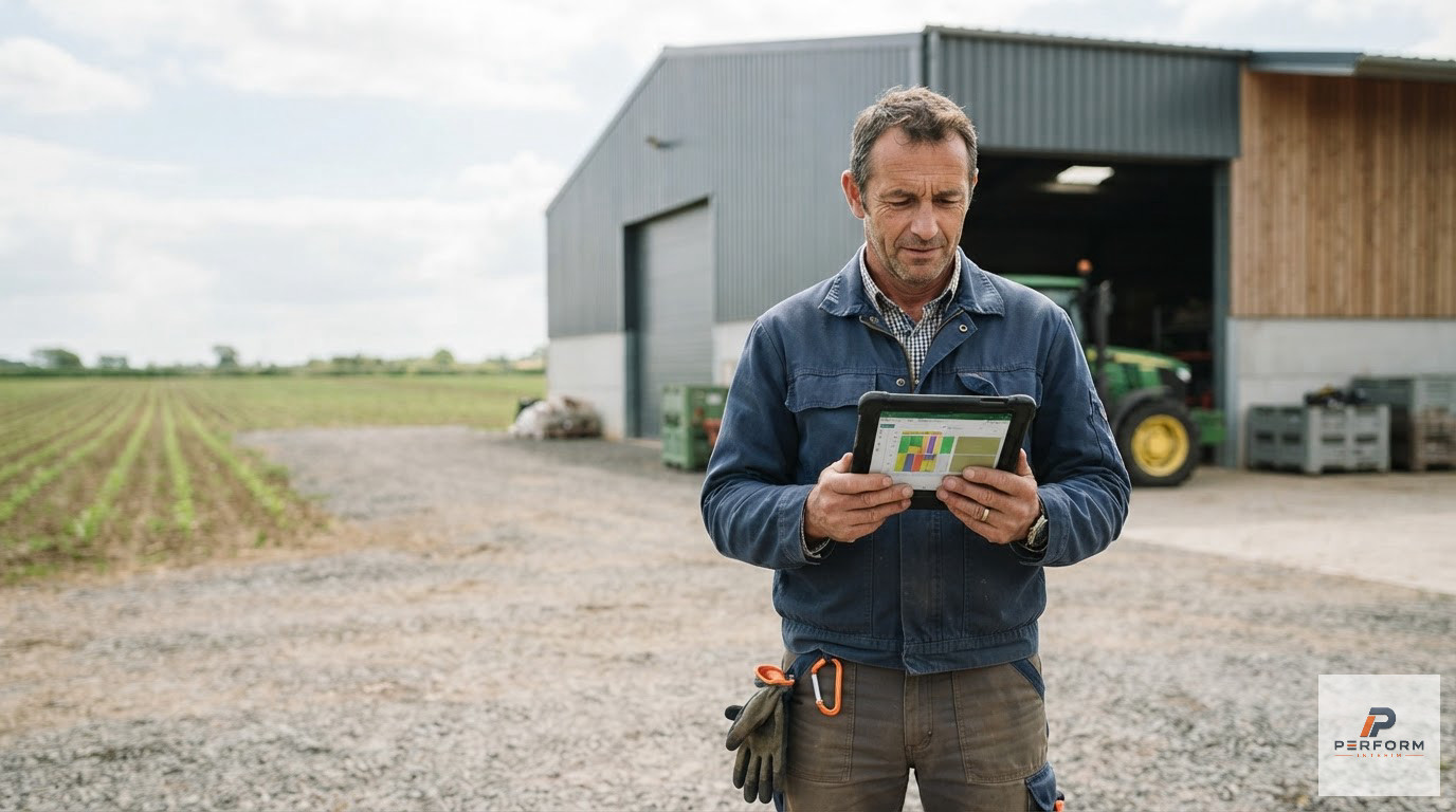 Un agriculteur utilisant une tablette numérique devant un hangar agricole moderne.