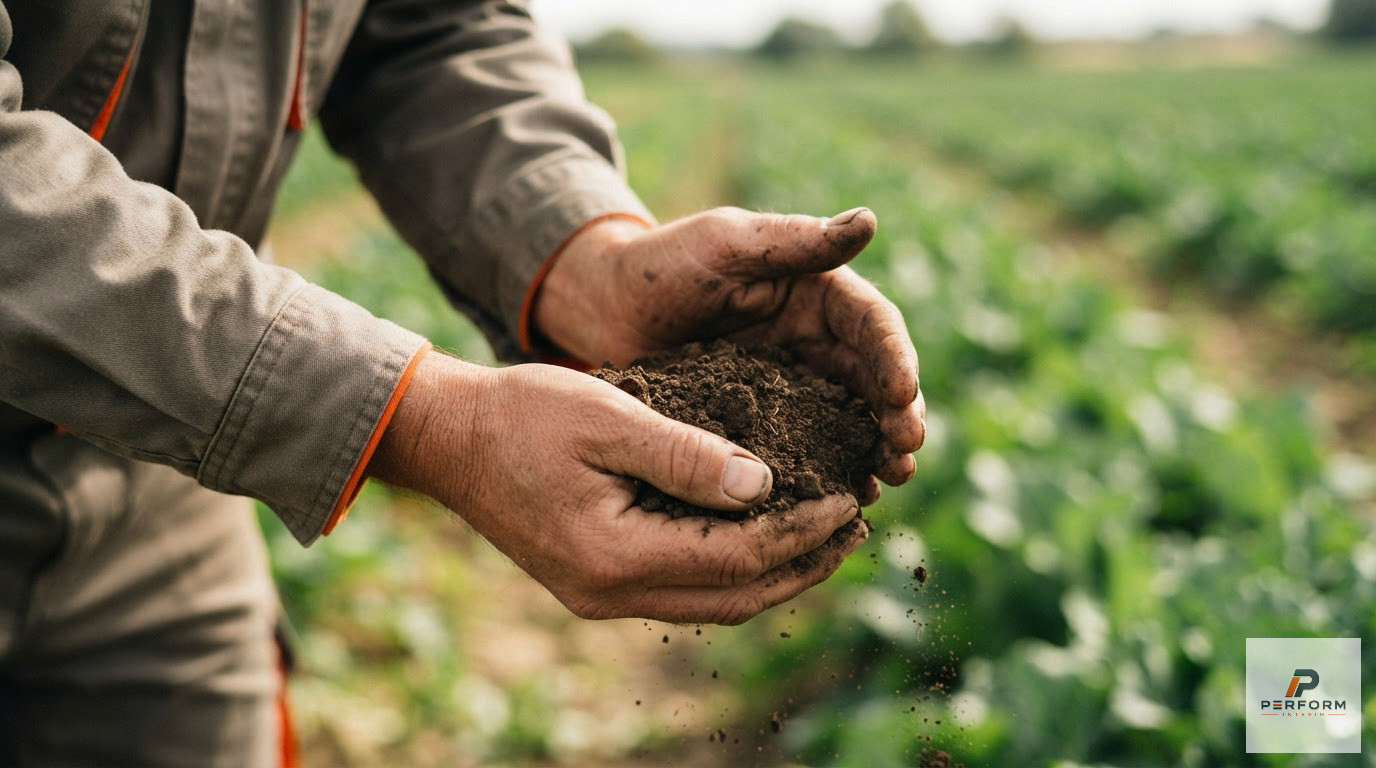 Mains tenant de la terre fertile, symbolisant le succès des récoltes saisonnières.