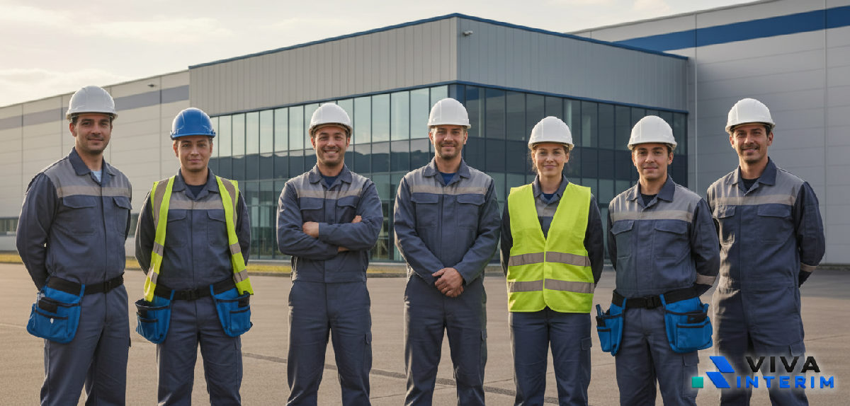 Des travailleurs divers, dont des Roumains, posent devant une usine.