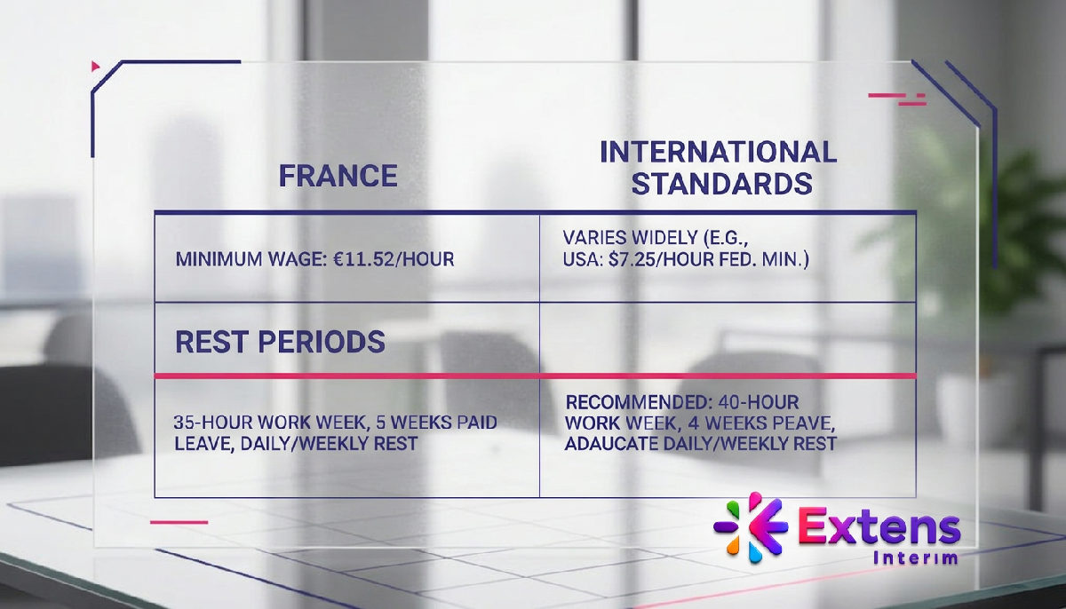 Tableau comparatif des droits des travailleurs en France et normes internationales.