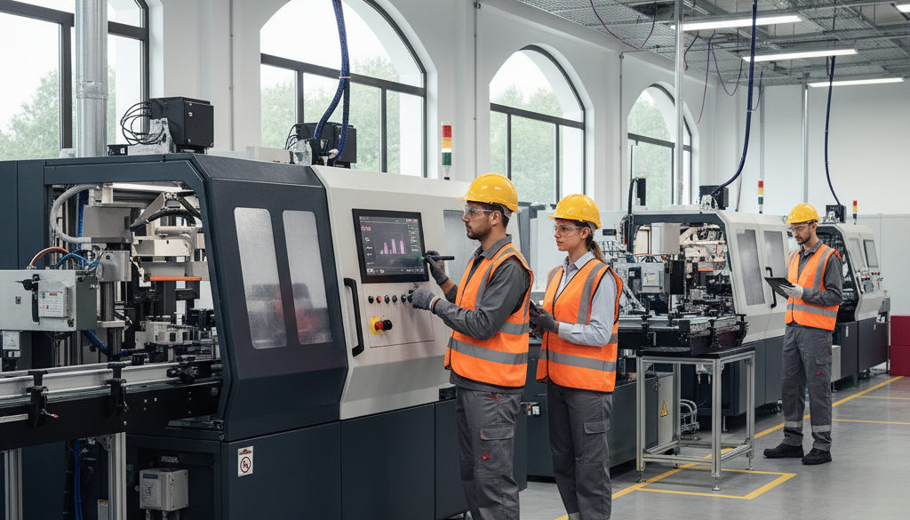 Travailleurs roumains qualifiés utilisant des machines dans une usine française.