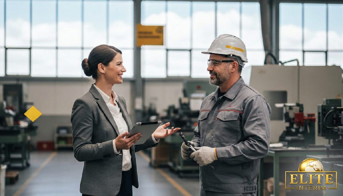 Manager RH discutant avec un ouvrier qualifié dans une usine.