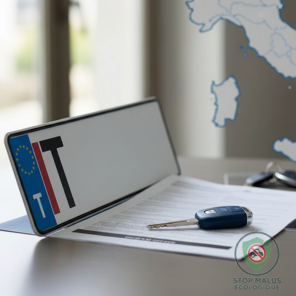 Immatriculer voiture en Italie : éviter le malus Document d'immatriculation italienne avec une voiture en arrière-plan.