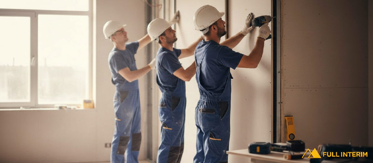 Équipe de plaquistes travaillant en harmonie sur une rénovation.