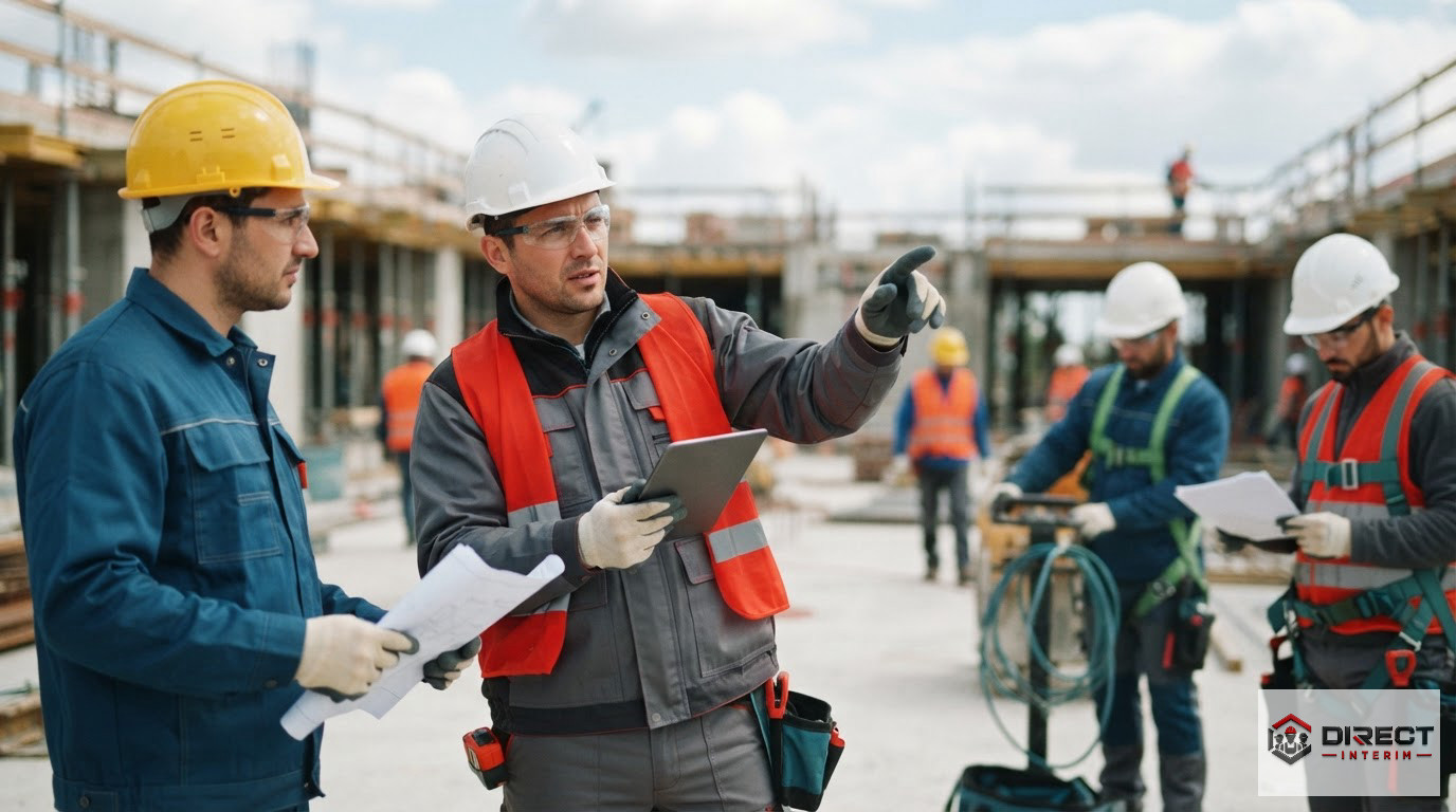 Ouvriers roumains équipés de protections conformes sur un site de construction français.